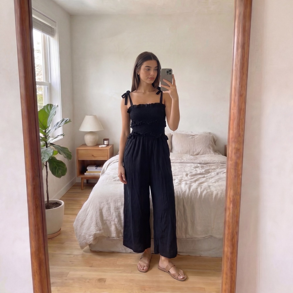 Tee Ink‎ Wide Leg Jumpsuit Size 8 Black Smocked Ruffle Tie Cottage Boho Romantic